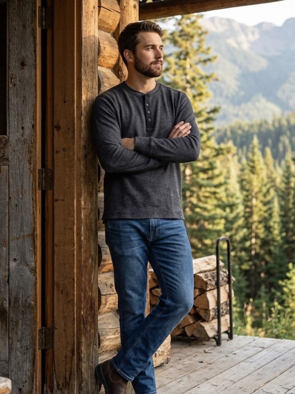 NWT Roots Charcoal Gray Black Men’s Henley Button Front Cottagecore Casual Layer
